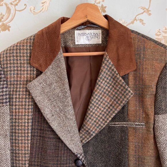 Vintage 90s Women Patchwork Wool Blazer Jacket Size 7/8 Dark Academia Old Money - Picture 3 of 15